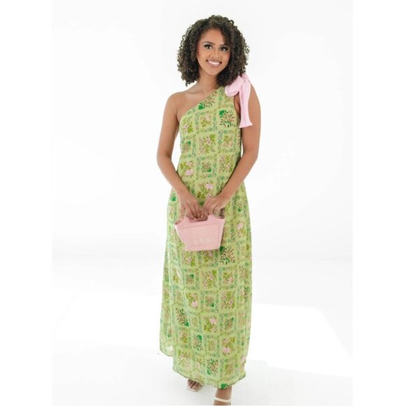 One Shoulder Green Floral Maxi Dress with Pink Bow - Size Small - Picture 1 of 6